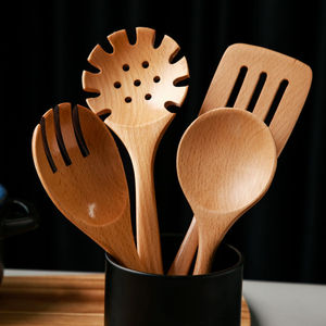 Juego de utensilios de madera de 6 piezas, espátula, cuchara, cucharón y colador de madera de haya para cocinar, freír y servir. - Product Image 1