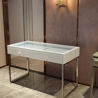 Table de maquillage moderne et écologique en bois blanc et verre avec 3 tiroirs et pieds chromés, table de toilette pour chambre à coucher, rangement cosmétique