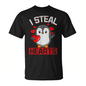 Camiseta I Steal Hearts Penguin, negra, con cuello redondo, unisex, manga corta, impresión digital, diseño del día de San Valentín - Product Image 2