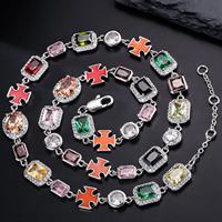 Magnifique Collier Tennis Croix en Pierres Fines Assorties 5A CZ Émail Plaqué Or 18K Style Vintage Multicolore pour Femmes et Hommes