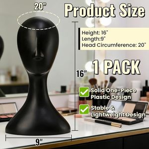 Tête de Mannequin Professionnelle en Plastique Noir Durable pour Femme, Présentoir à Perruques, Support de Fabrication avec Socle pour Chapeau, Masque, Coiffe - Product Image 2