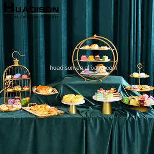 Huadison ที่วางเค้กทรงกลมสำหรับโรงแรมระดับ5ดาว,อุปกรณ์จัดเลี้ยงบุฟเฟ่ต์3ชิ้นตั้งเค้กโลหะ
