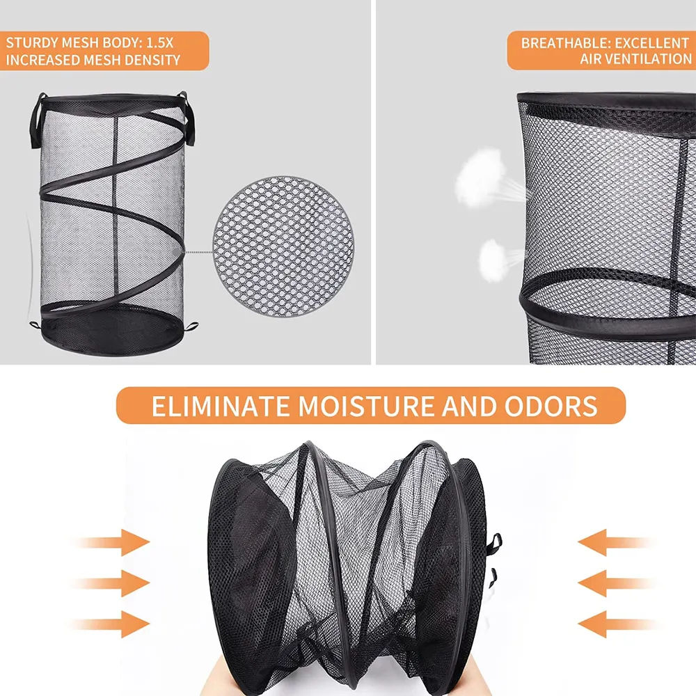 Laundry Hamper Wholesale Round Laundry Baskets Polyester Mesh Steel Storage Organizer with Lid