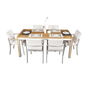 Nuevo diseño <span class=keywords><strong>de</strong></span> madera <span class=keywords><strong>de</strong></span> <span class=keywords><strong>teca</strong></span> superior <span class=keywords><strong>de</strong></span> marco <span class=keywords><strong>de</strong></span> aluminio <span class=keywords><strong>de</strong></span> 6 plazas mesa <span class=keywords><strong>de</strong></span> comedor sillas para el jardín - Product Image 2