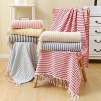 European American Modern 100*180 Summer Style Beach Towel Thin Stripes Turkish Seaside Play Wrap with Tassel Cross-Border