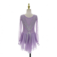 Robe de patinage artistique et de danse pour enfants et adultes, lavande, col rond, manches longues en maille, avec collier en strass au dos, pour compétition et spectacle de patinage sur glace
