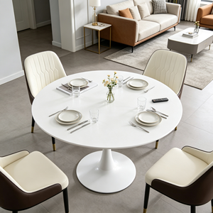 Elegante Mesa de Comedor Redonda de Piedra Sinterizada, Tablero con Aspecto de Mármol Blanco, Base de Pedestal Tipo Tulipán, Muebles de Comedor para Cocina y Restaurante - Product Image 3
