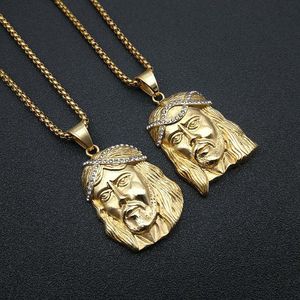 Collier pendentif visage de Jésus plaqué or, en acier inoxydable avec sertissage pavé, bijou unisexe, cadeau, chaîne - Product Image 1