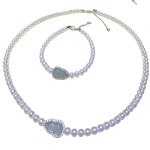 Ensemble collier et bracelet en argent pur Fulu avec pendentifs et breloques en jade d'eau bleue naturel, forme de gourde, 4,5-5 mm, presque rond, sans défaut, effet aurore - Product Image 5