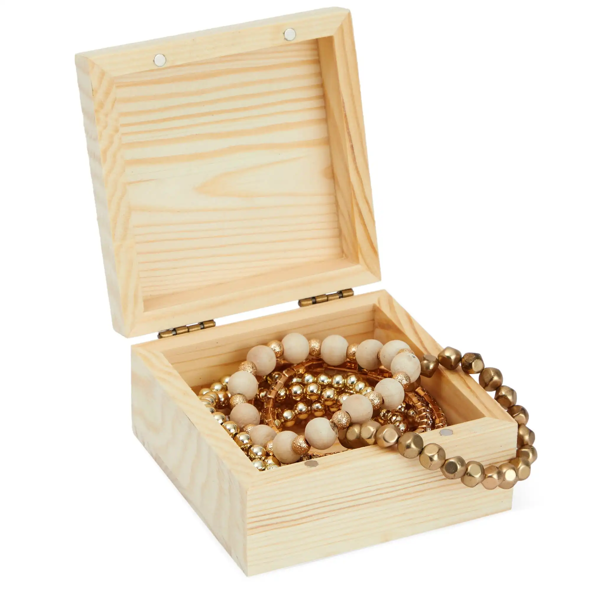 Vente en gros petite boîte cadeau en bois avec couvercles à charnière et serrure magnétique pour bijoux en bois massif chêne-pin inachevé