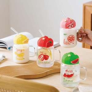 Vaso transparente Yan Xia de vidrio resistente a altas temperaturas, con tapa y pajita, de gran capacidad, diseño lindo, para estudiantes, mujeres, leche, <span class=keywords><strong>desayuno</strong></span>, oficina. - Product Image 1