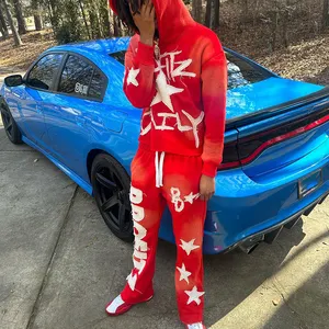 Streetwear Manufacturer Men Custom Distressed Patch Sun Faded Cropped Pullover Hoodie And Flared Sweatpants 2pcs Tracksuit