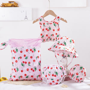 गर्म बेच बिना आस्तीन के साथ चेरी पैटर्न बच्चे लड़की बच्चे तैरना सूट 2 टुकड़ा सूरज टोपी और गीला बैग - Product Image 1