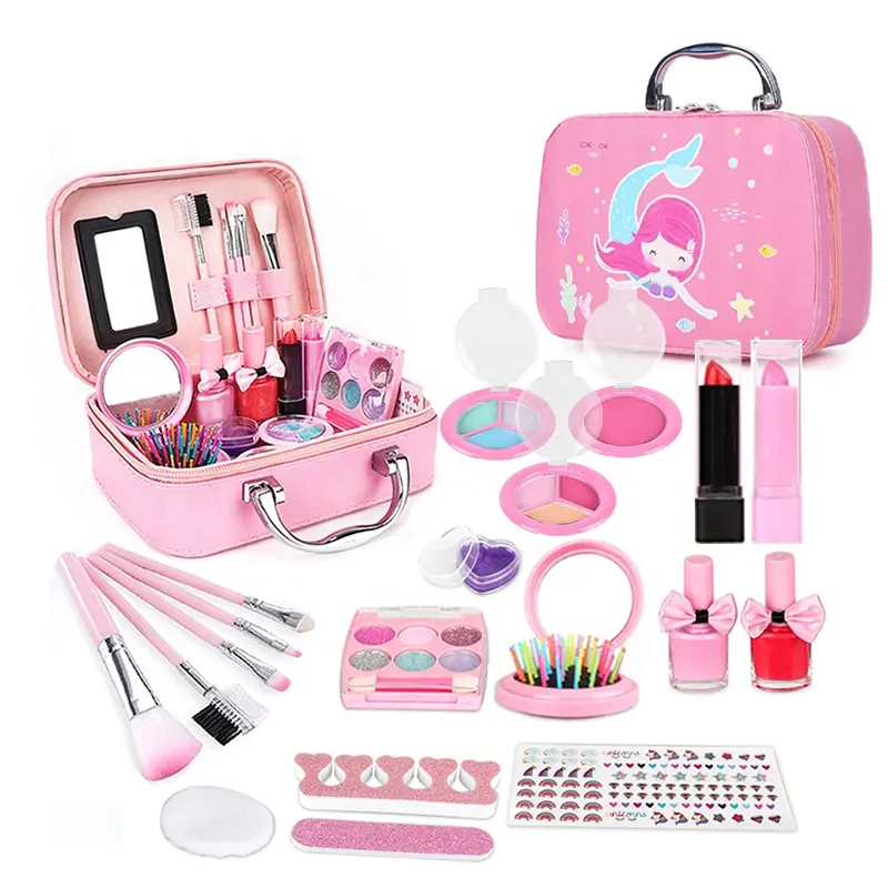 Conjunto de cosméticos para crianças, kit de maquiagem para meninas com bolsa de mão