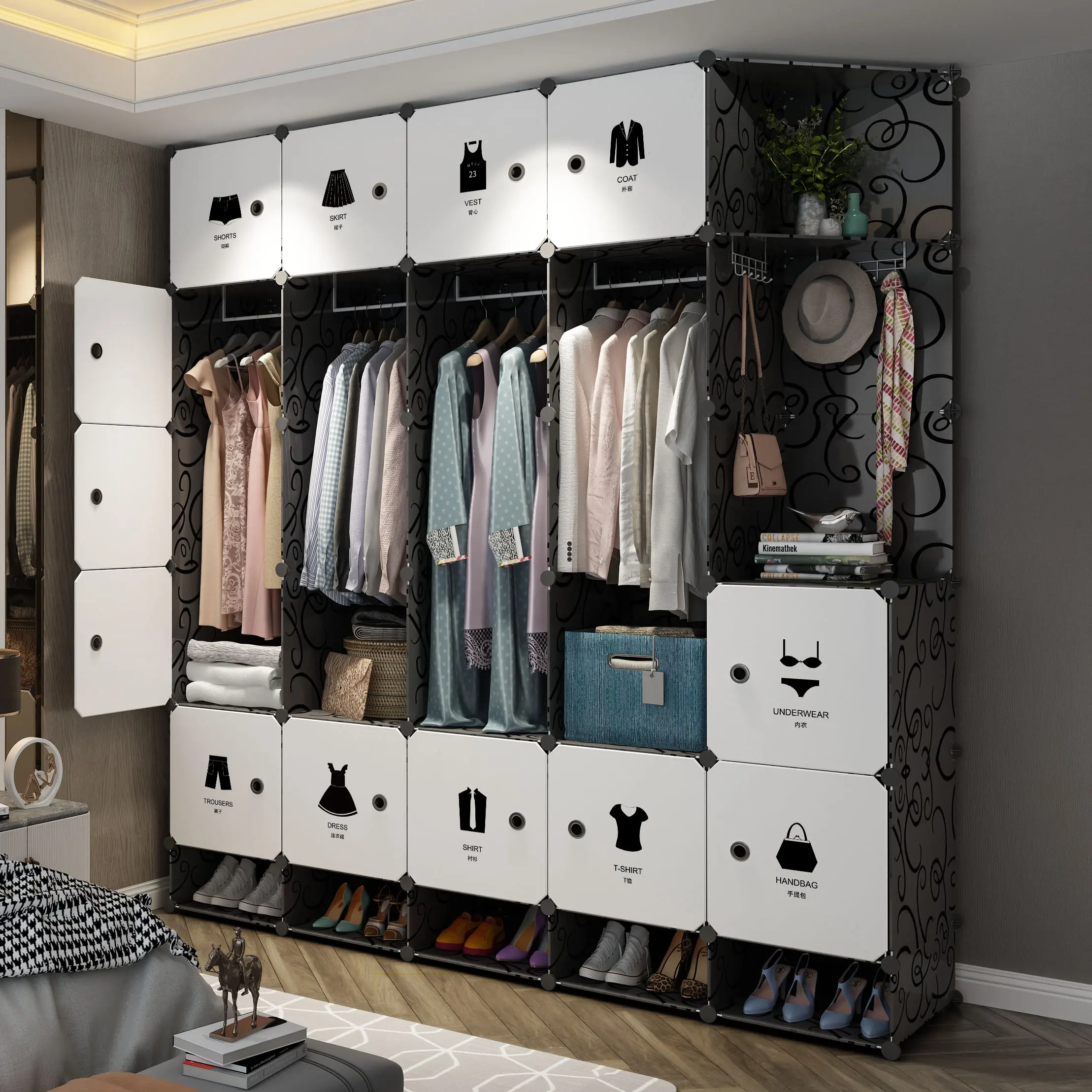 Conjunto de armário doméstico, armário de plástico dobrável, combinação para guarda-roupas, guarda-roupa portátil preto com porta branca