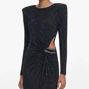 女式黑色长袖水钻晚礼服，带腰部剪裁的百褶裙，用于宴会、舞会和颁奖 - Product Image 4