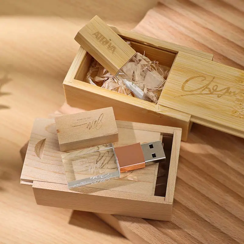 Wood Glass Wedding Gift Memorias Usb 2Gb 4Gb 8Gb 16Gb Customize Flash Drive 32Gb 64Gb 128Gb Crystal USB Stick With Wooden Box