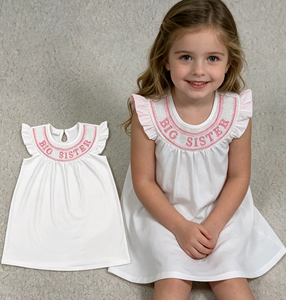 RTS <b>Big</b> Sister Casual Smocked Cute Summer <b>Bows</b> Pattern Short Sleeve A-line Dress Kids Girls Cotton Wholesale Kids Clothes - Product Image 3