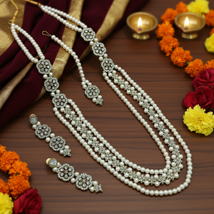 Traditional Brass Pearl Mala Necklace <b>Set</b> Zircon Earrings Maang Tikka <b>Gold</b> Plated Ethnic Engagement Wedding Bridal Party Jewelry - Product Image 3