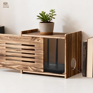 Wooden Desktop <b>Router</b> Storage <b>Box</b> 15x9.8in Standing Type Office Organizer Brown - Product Image 3