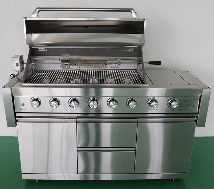 Commercial free-standing Outdoor 6 Burner Gas Barbecue grill machine with side burner table hood bbq gas grill