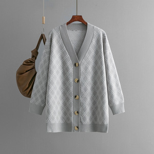 Suéter Cárdigan Informal Holgado de Punto a Cuadros con Cuello en V para Mujer - Product Image 4