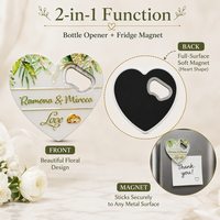 Ouvre-bouteille magnétique 2-en-1 en mélamine en forme de cœur, avec feuille d'or 3D florale, souvenir de mariage personnalisé, cadeau souvenir, vente en gros