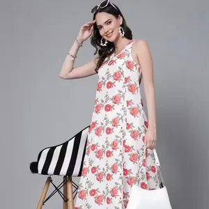 Conjunto de calças Kurti de tecido macio para mulheres indianas, com estampa floral, gola V, sem mangas, tecido macio e sem mangas, ideal para uso étnico