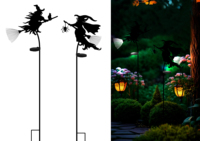 Luces LED de Halloween con energía solar, estaca con silueta de bruja voladora y decoración de araña con escoba luminosa