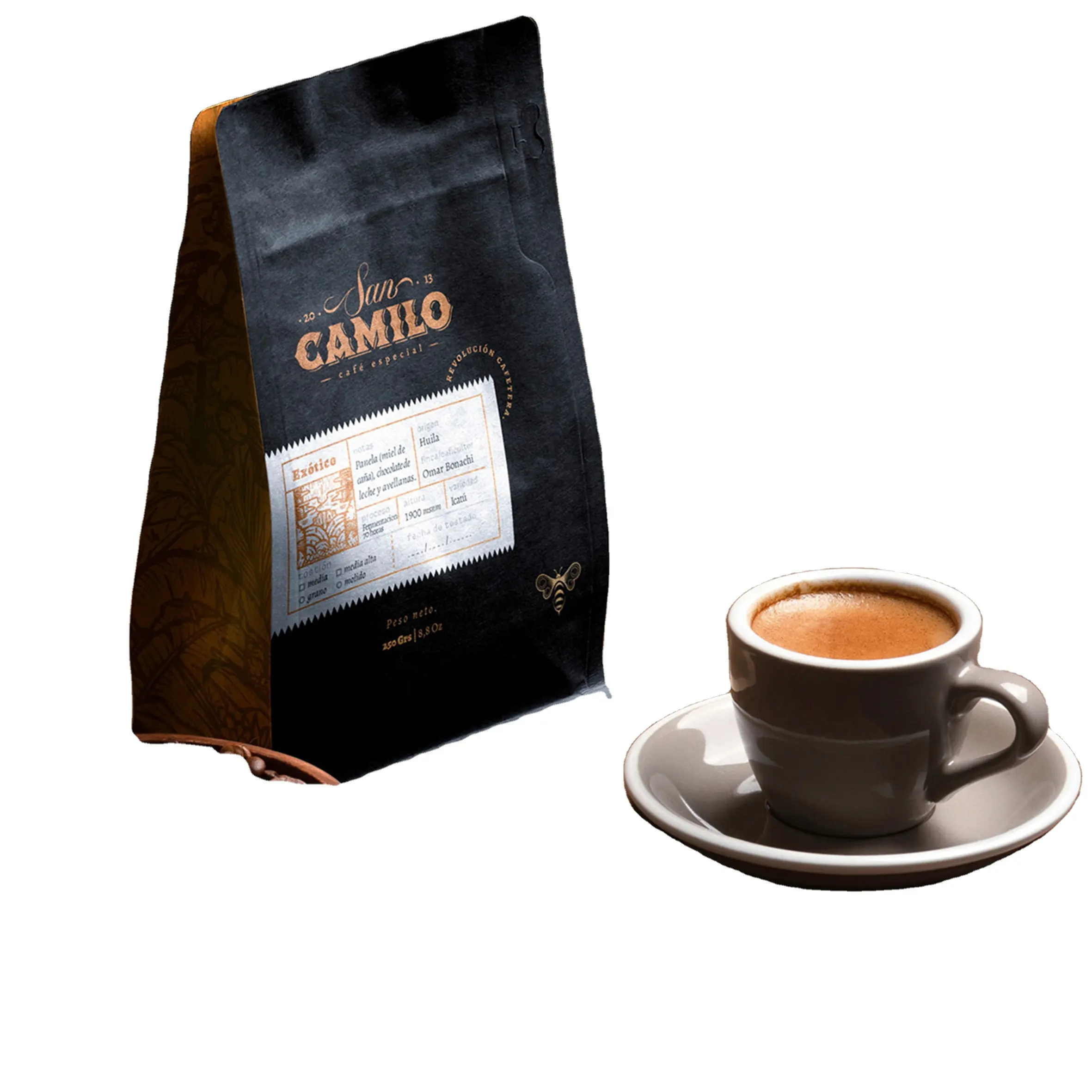 Bolsa de embalaje personalizada para granos de café con válvula, bolsa con cremallera independiente, bolsa de papel de aluminio para embalaje de plástico