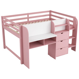 Cama alta rosa para niños con escritorio y cajones de almacenamiento para dormitorio, muebles infantiles - Product Image 5