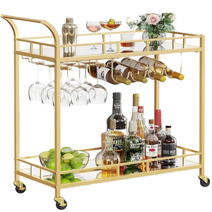 Carrito de barra dorada de 2 niveles con ruedas, estante para botellas de vino, salón, comedor, carrito de cocina, montaje de mango fácil de empujar - Product Image 4
