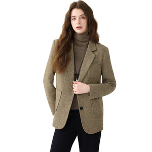 Khaki Wool Blazer Women Solid Color Mid Length With Pockets And Buttons No Wrinkle Treatment Autumn Winter Coat - Product Image 5