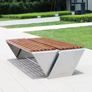 देहाती बैठे लंबी धातु बेंच आधुनिक लकड़ी सीट पार्क आउटडोर स्टेनलेस स्टील इंतज़ार बेंच