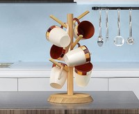 Support de rangement suspendu pour tasses de cuisine, séchoir à tasses en bambou avec 6 crochets pour mugs et tasses à café