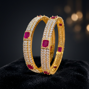 Luxury Indian Brass Imitation Rhodium Plated CZ Cubic Zirconia Marquise Cut <b>Ruby</b> Stone Classic Bangle Set Bangles Pair Fashion - Product Image 2