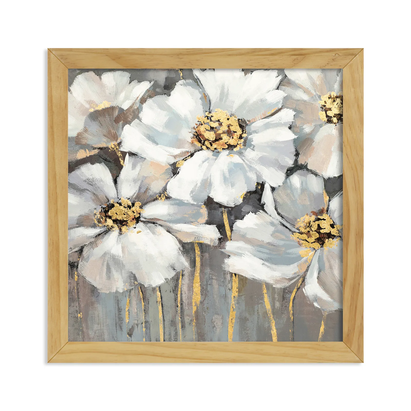 Modern Canvas Art Gold White Floral Wooden Framed Picture Abstract Flowers Paintings