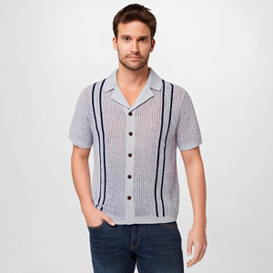 Camicia da uomo con colletto cubano alla moda <span class=keywords><strong>Cardigan</strong></span> lavorato a maglia camicia estiva Casual a righe verticali in maglia <span class=keywords><strong>Polo</strong></span> da uomo - Product Image 1