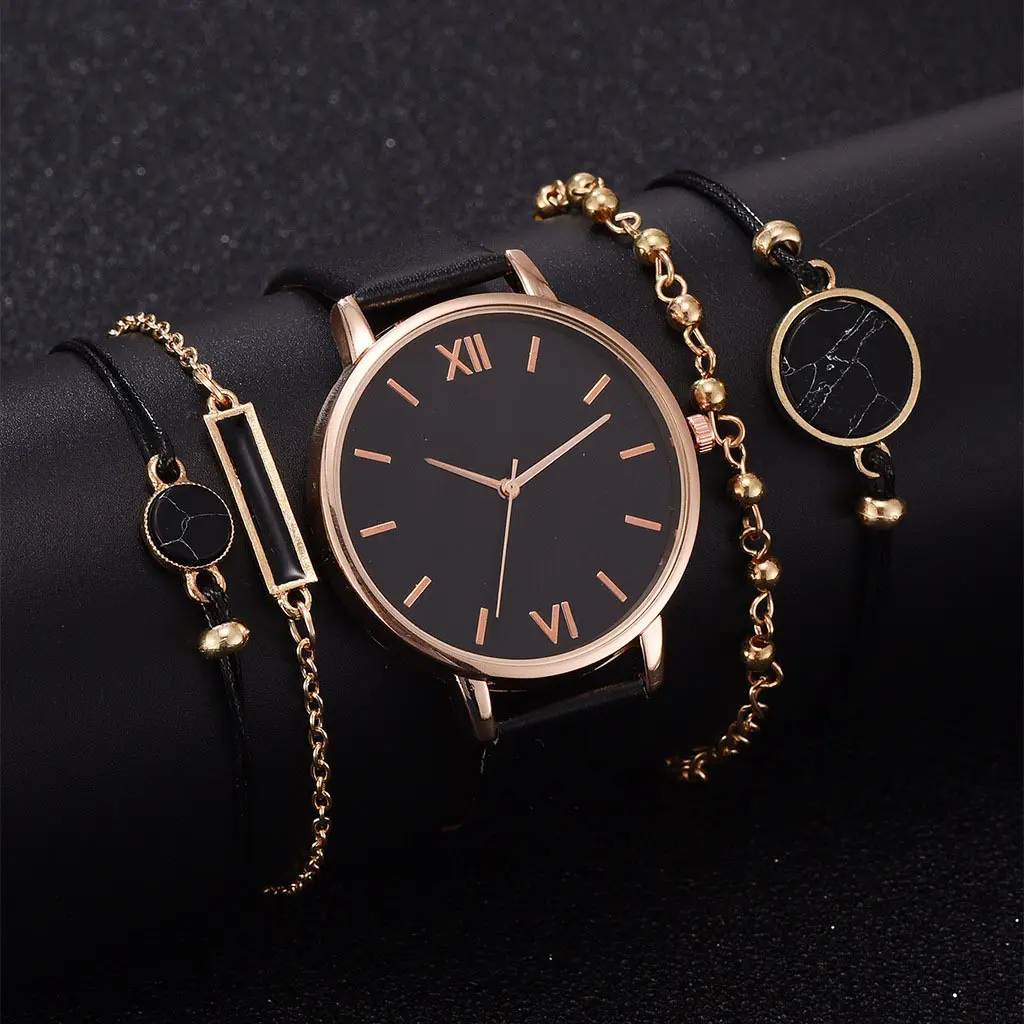 Ins Fashion 5PCS/Set Pu Leather Watchband Quartz Watches Bracelet Set Gold Plated Beaded Bracelets Watch Gift Set For Women