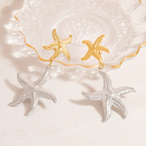 Boucles d'oreilles pendantes étoile de mer, couleur or et argent, en acier inoxydable, bijoux de fête, thème océan, plaqué or 18 carats, design inaltérable - Product Image 1