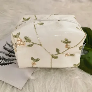 New design makeup pouch roomy boxy cosmetic bag water repellent flower lace PVC coating travel makeup bag