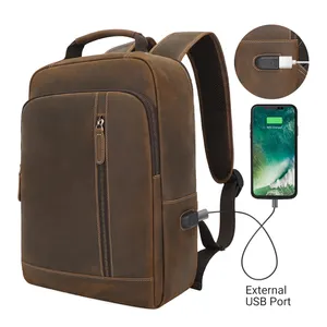 กระเป๋าเป้หนังพร้อมช่อง USB,กระเป๋าเป้ใส่แล็ปท็อปสีน้ำตาลสไตล์เรโทรกระเป๋าเดินทางกระเป๋าเป้หนังแท้สำหรับผู้ชาย