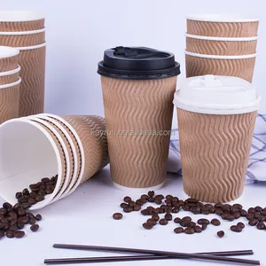 8oz 12oz 16oz Custom Printed Eco Friendly Triple Ripple Wall Cup 3 Layer Disposable Hot Drink Coffee Paper Cups