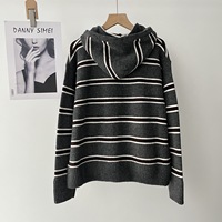 Cardigan en tricot gris à blocs de couleur et rayures pour femme, avec capuche intégrée et fermeture éclair, idéal pour l'automne 077-3822