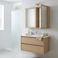 Ensemble de meuble-lavabo de salle de bain avec miroir LED, armoire en chêne blanc, lavabo en céramique, 2 tiroirs, porte latérale, pieds chromés, style scandinave moderne