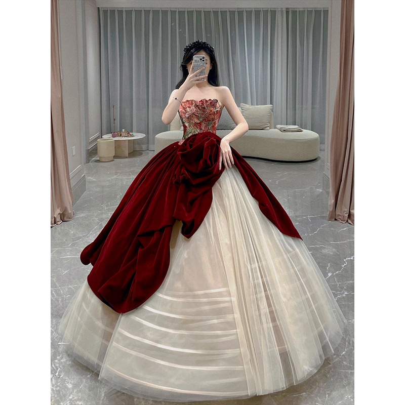 strapless open back dress See The Vision Sequin Bust Strapless Maxi Dress Burgundy