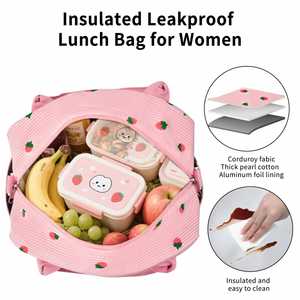 Bolsa de almuerzo de pana aislada, portátil, a la moda, a prueba de fugas, para mujer, con múltiples bolsillos y correa de hombro ajustable - Product Image 4