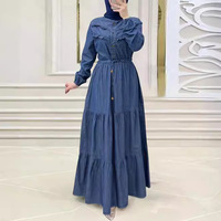 Robe musulmane HANO pour femme, couleur unie, longue, élégante, à la mode, avec manches portefeuille et taille cintrée, style cowboy, pour l'Aïd au Moyen-Orient