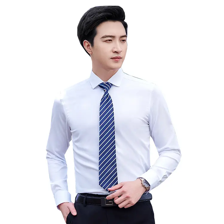 High Quality Slim Fit Full Long Sleeve Casual Vintage Uniform White Polyester Cotton Custom Logo Business Dress Shirts For Men