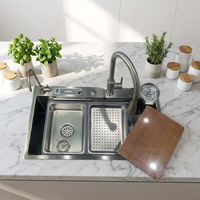 Évier cascade en acier inoxydable 304 gris nano de qualité supérieure pour cuisine, évier de travail moderne avec fente pour couteau et planche